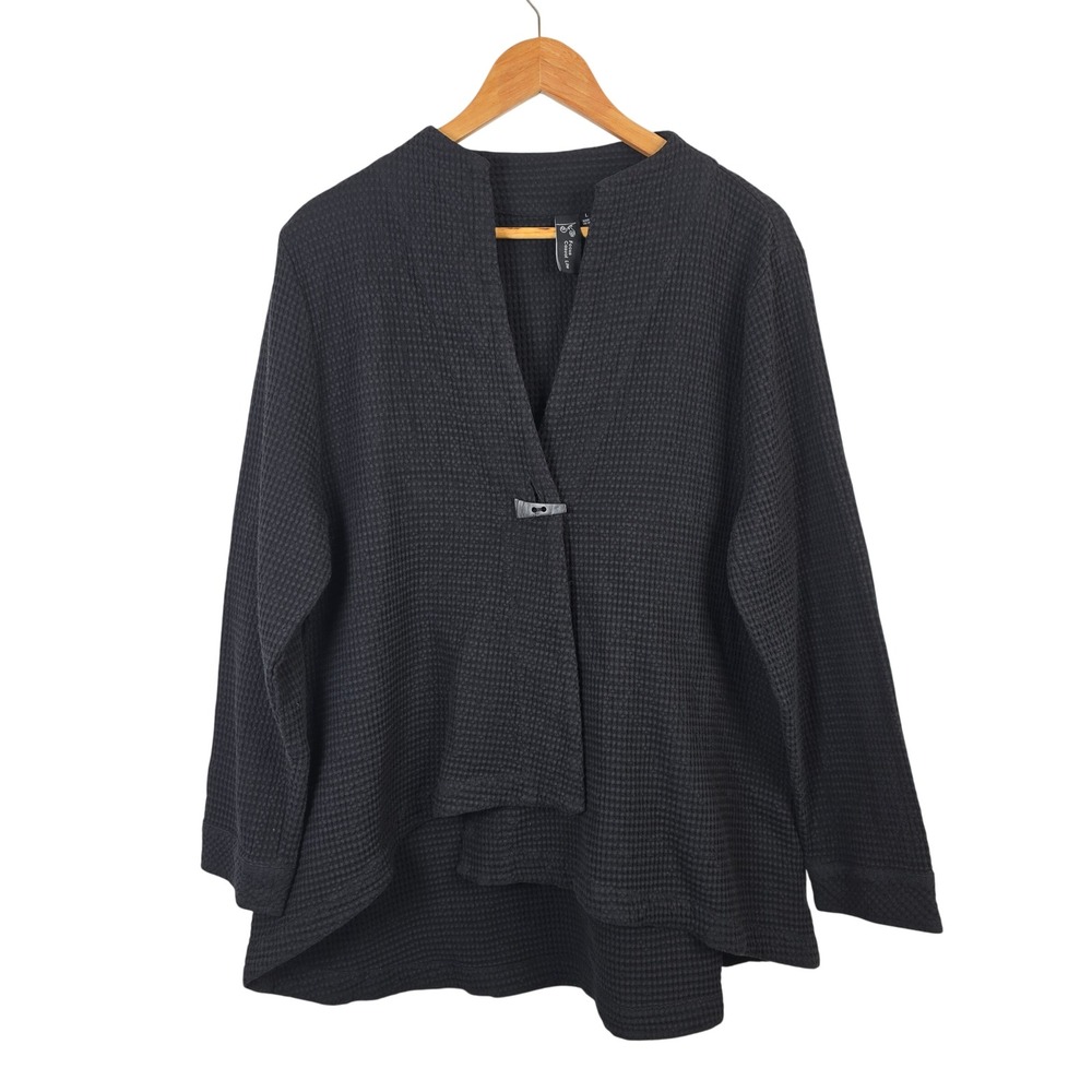 Focus Casual Life Black Cotton Waffle Knit Toggle Button Cardigan Top Large